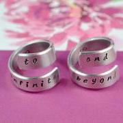to infinity and beyond -Spiral Rings Se, Hand stamped, Handwritten Font, Shiny Aluminum, Forever Love, Friendship