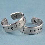 i love you i know - Hand Stamped Aluminum Couples Ring Set, Shiny, Skinny Rings, Handwritten Font