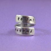 to infinity and beyond - Hand Stamped Spiral Ring, Pure Aluminum,Shiny, Skinny Band Ring, Handwritten Font