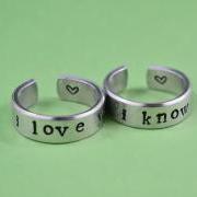  i love you i know - Hand Stamped, Couples Ring Set, Shiny, Skinny Aluminum Rings, Newsprint Font
