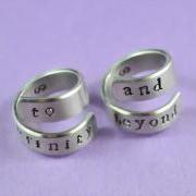  to infinity and beyond - Aluminum Spiral Rings, Bestfriend Rings, Couples Ring Set, Hand Stamped, Shiny, Skinny, Newsprint Font