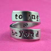  to infinity and beyond - Hand Stamped Spiral Ring, Pure Aluminum, Shiny, Skinny Band Ring, Newsprint Font