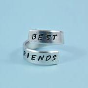 BEST FRIENDS - Hand Stamped Spiral Ring, Pure Aluminum, Shiny, Skinny Band Ring, Handwritten Font