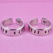 big sis / lil sis - Hand stamped Ring Set, Handwritten Font, Shiny Aluminum, Forever Love, Friendship, BFF