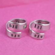 big sis / lil sis - Spiral Ring Set, Hand stamped, Newsprint Font, Shiny Aluminum, Forever Love, Friendship, BFF