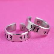 big sis / lil sis - Hand stamped Ring Set, Newsprint Font, Shiny Aluminum, Forever Love, Friendship, BFF