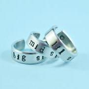 big sis/mid sis/ lil sis - Hand Stamped Rings Set, Newsprint Font, Shiny Aluminum, Forever Love, Friendship, BFF