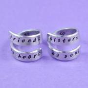  friends by heart / sisters by soul - Spiral Rings Set, Hand Stamped, Handwritten Font, Shiny Aluminum, Friendship, BFF