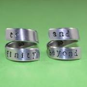 to infinity and beyond - Aluminum Spiral Rings, Bestfriend Rings, Couples Ring Set, Hand Stamped, Shiny, Skinny, Newsprint Font