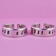 big sis / lil sis - Hand stamped Ring Set, Handwritten Font, Shiny Aluminum, Forever Love, Friendship, BFF