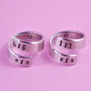 big sis / lil sis - Spiral Ring Set, Hand stamped, Newsprint Font, Shiny Aluminum, Forever Love, Friendship, BFF