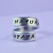 HAKUNA MATATA - Hand Stamped Spiral Ring, Pure Aluminum, Shiny, Skinny Band Ring, Lion King Inspired, Handwritten Font