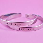 big sis / lil sis - Hand Stamped Aluminum Cuff Bracelets Set, Handwritten Font, Forever Love, Friendship, BFF