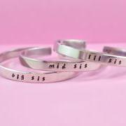 big sis / mid sis / lil sis - Hand Stamped Aluminum Cuff Bracelets Set, Handwritten Font, Forever Love, Friendship, BFF