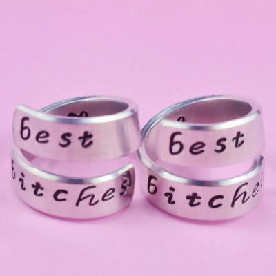 best bitches - Hand Stamped Spiral Rings Set, Personalized Gift , Shiny Aluminum Rings, Friendship, BFF Gift, Script Font