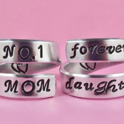 NO.1 MOM/forever daughter - Spiral Rings Set, Hand stamped Aluminum Rings, Forever Love, Mother Daughter Rings, Mother Day Gift